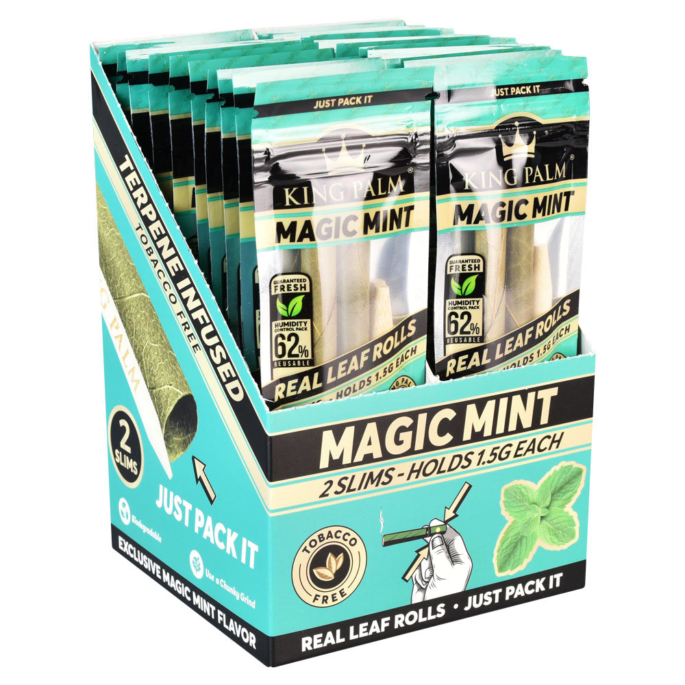King Palm Slim Pre-Roll Wraps Magic Mint 15 Pack displayed in box, easy-to-use tobacco-free rolls