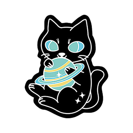 Kitty Planet Sticker, 3.75" x 4.75" size, black cat with cosmic planet design