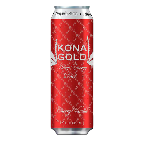 Kona Gold Cherry Vanilla 12oz Hemp Energy Drink Can - Front View on White Background