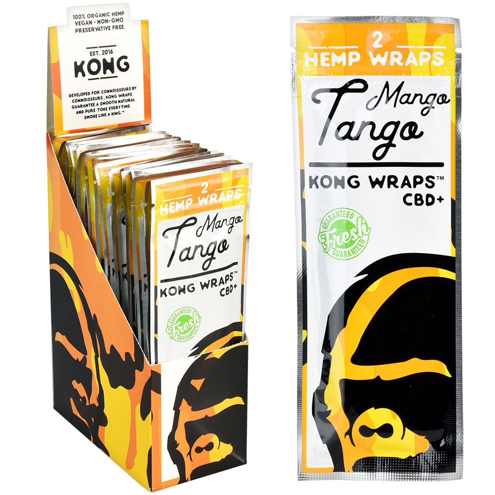 Kong Organic Hemp Wraps Mango Tango flavor, 2-pack in 25pc display box, CBD infused, front view