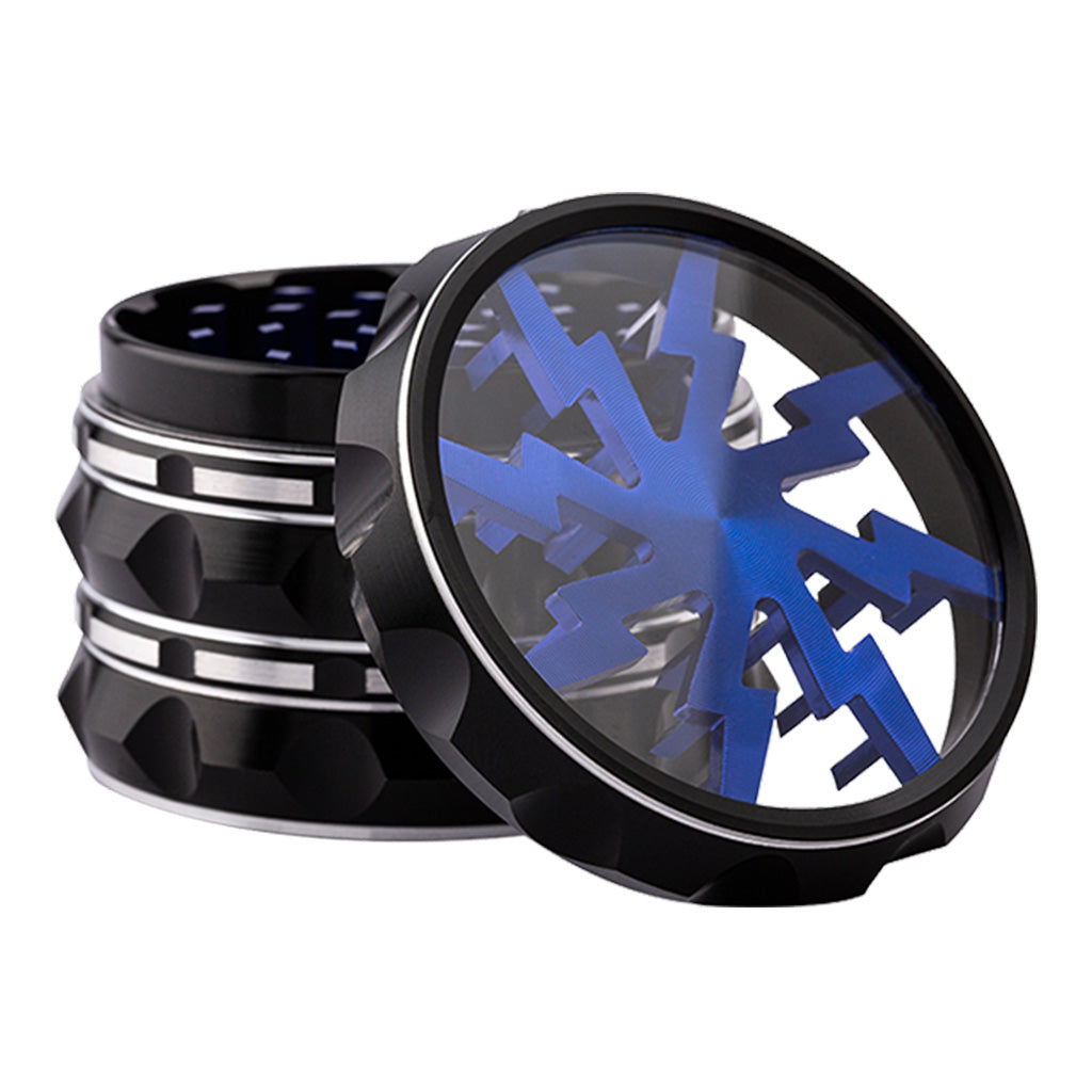 Kozo Lightning 2.5 inch grinder with a black body and blue lightning design, clear window lid tilted open