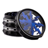 Kozo Lightning 2.5 inch grinder with a black body and blue lightning design, clear window lid tilted open
