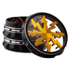 Kozo Lightning 2.5 inch grinder with a black body and gold lightning design, clear window lid tilted open