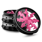 Kozo Lightning 2.5 inch grinder with a black body and pink lightning design, clear window lid tilted open