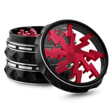 Kozo Lightning 2.5 inch grinder with a black body and red lightning design, clear window lid tilted open