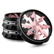 Kozo Lightning 2.5 inch grinder with a black body and rose gold lightning design, clear window lid tilted open