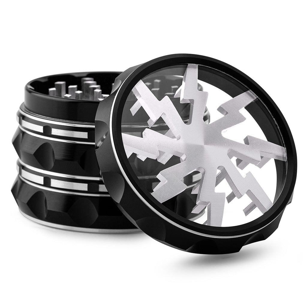 Kozo Lightning 2.5 inch grinder with a black body and silver lightning design, clear window lid tilted open
