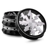 Kozo Lightning 2.5 inch grinder with a black body and silver lightning design, clear window lid tilted open
