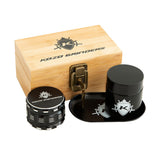 Kozo small bamboo stash box set with lock, open to show the black tray, grinder and storage jar