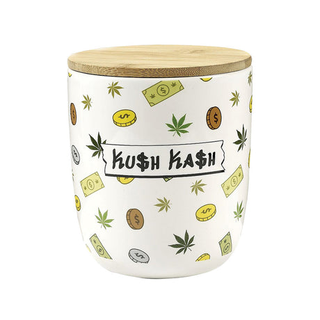 Kush Kash Ceramic Stash Jar 32oz with bamboo lid, front view on white background