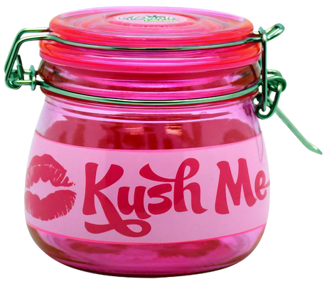 Pink Kush Me borosilicate glass jar with silicone seal for dry herbs, front view