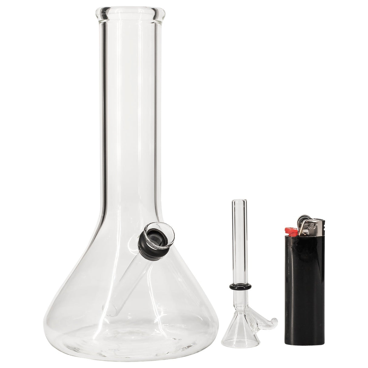 LA Pipes Beaker Base Bong with thick borosilicate glass, side view, next to lighter for scale