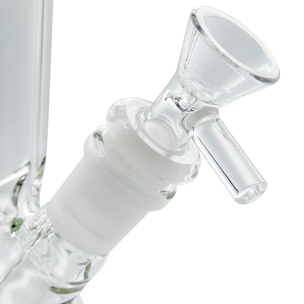 Close-up of LA Pipes Beaker Bong's glass joint and deep bowl in clear borosilicate, side angle