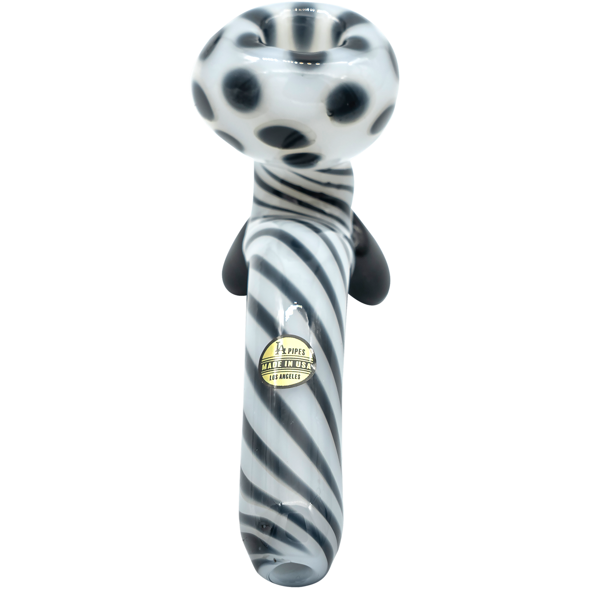 LA Pipes Bone White Sherlock Glass Pipe with Black Stripes, Front View, 4.35" Length