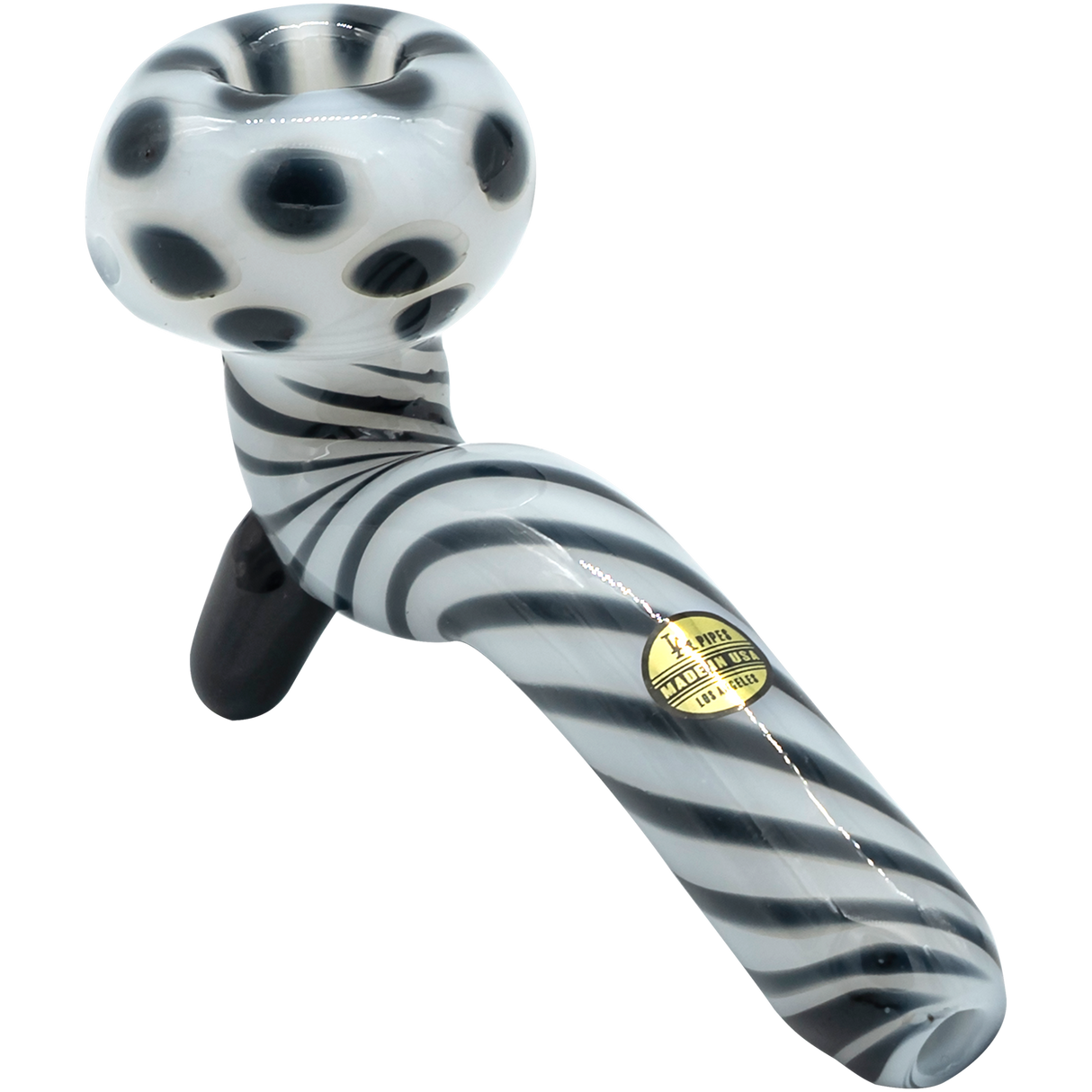 LA Pipes Bone White Sherlock Glass Pipe with Striped Design - Angled View