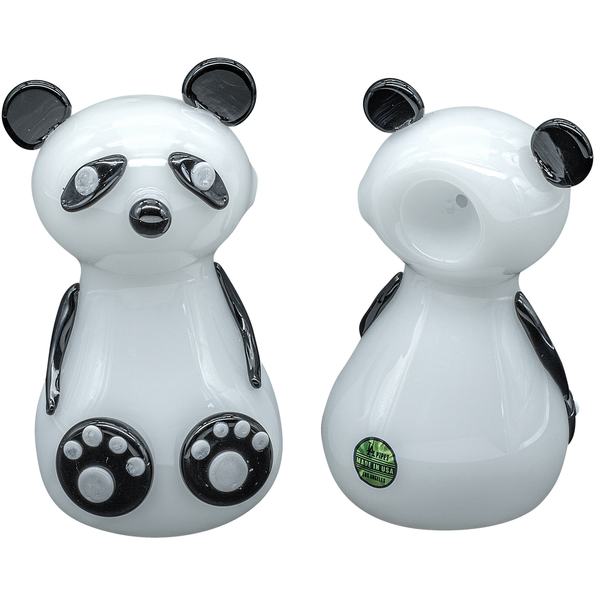 LA Pipes "Bored Panda" Glass Pipe for Dry Herbs, Front and Side View, 4" Borosilicate