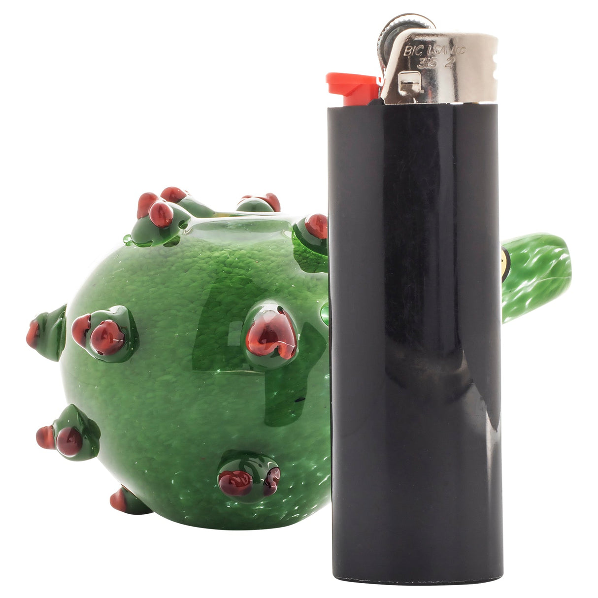 LA Pipes "Corona Rona" Green Hand Pipe with Red Accents - Side View with Lighter