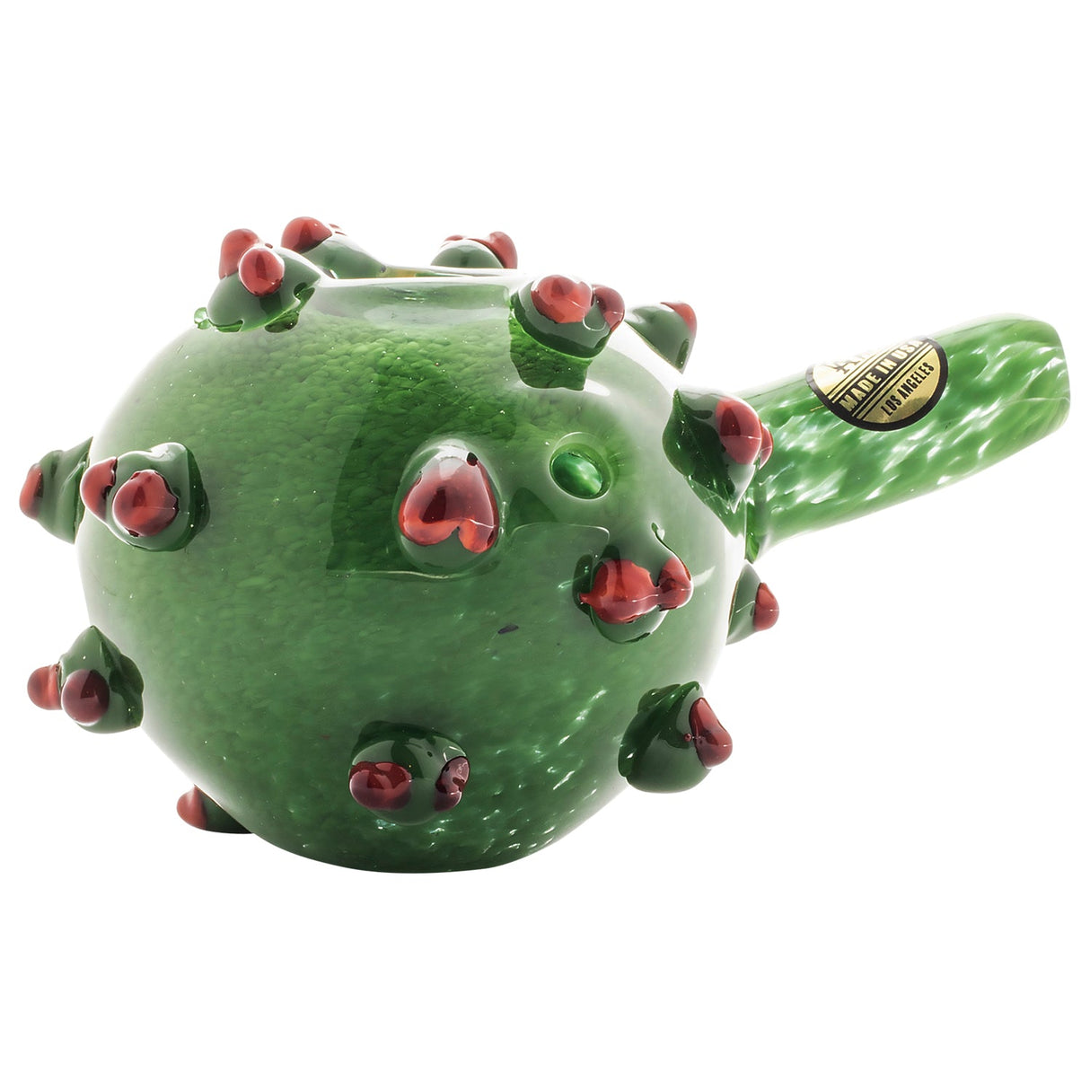 LA Pipes "Corona Rona" Hand Pipe in green with red accents, spoon design, side view