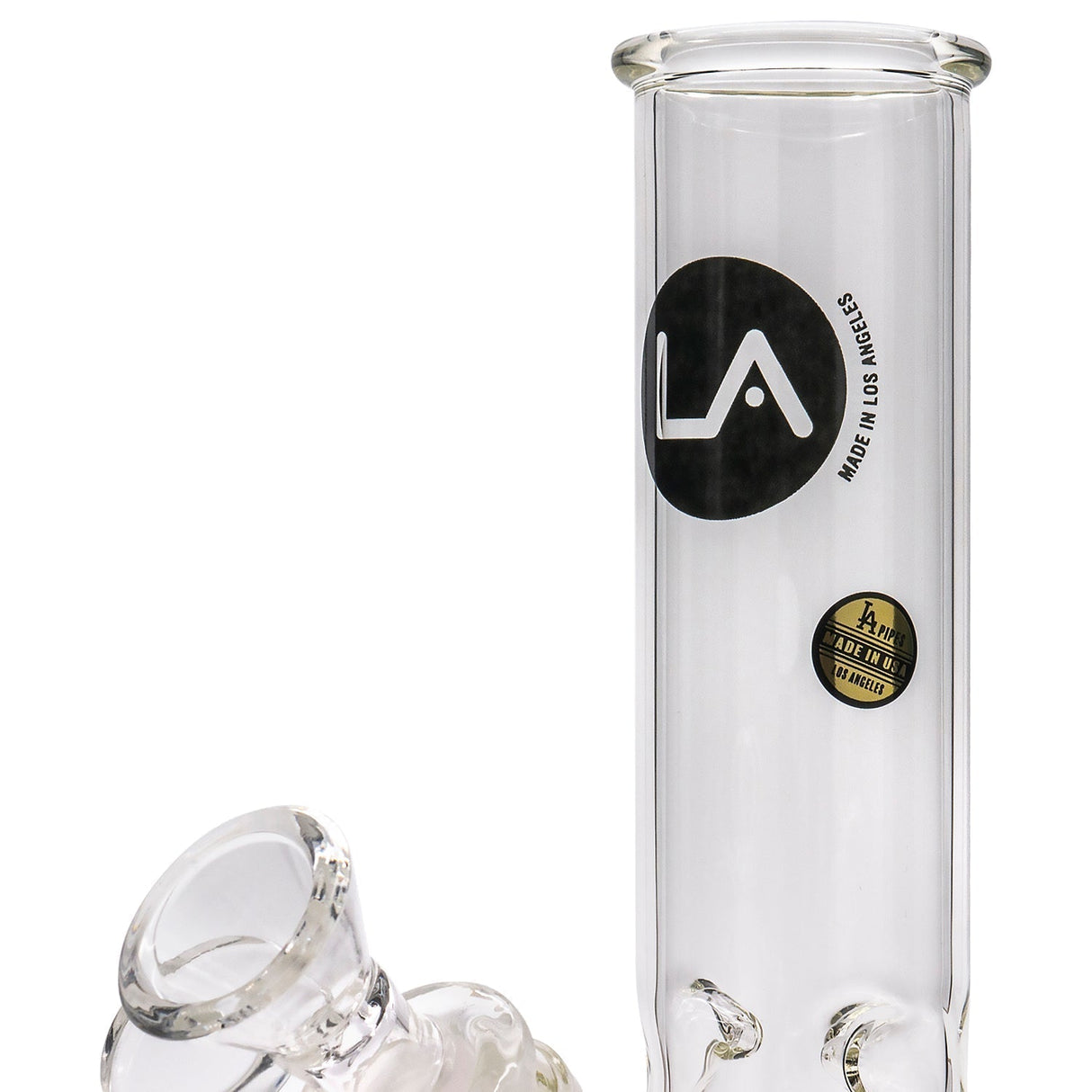 LA Pipes Donut Base Bong close-up, clear borosilicate glass with logo, 8" height, 45-degree joint