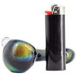LA Pipes Full Dichro Spoon Pipe with Clear Marbles next to lighter, USA made, 4" length