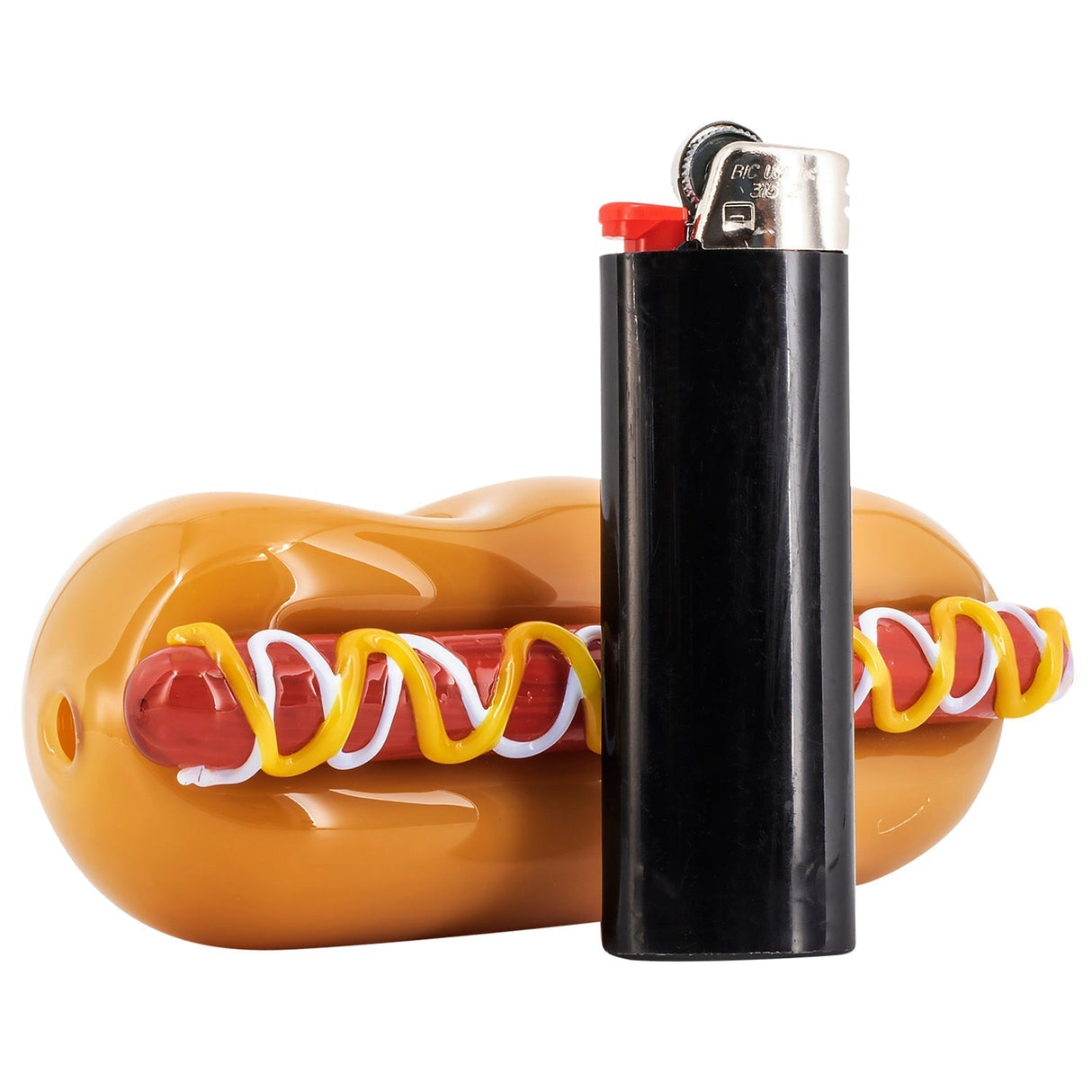 LA Pipes Hot Doggy Dog Hand Pipe in Assorted Colors - Side View with Lighter