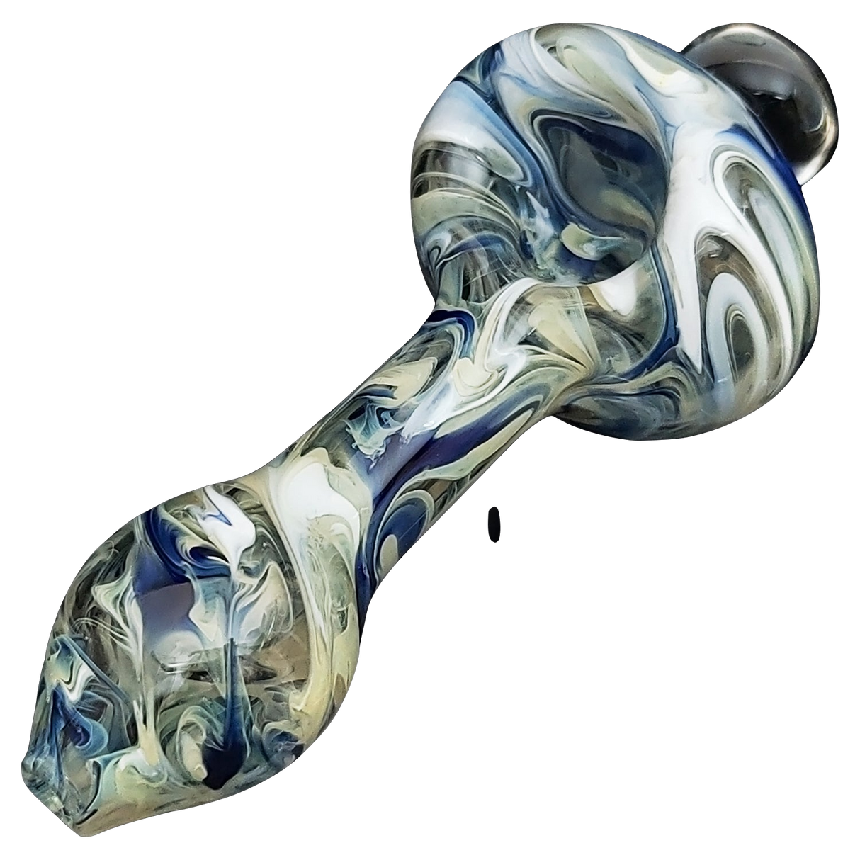 LA Pipes HP2 Spoon hand pipe made of borosilicate glass with swirling blue design, side view