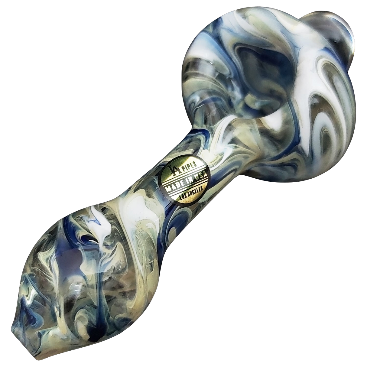 LA Pipes HP2 Spoon Hand Pipe in Borosilicate Glass with Swirl Design, Angled Side View