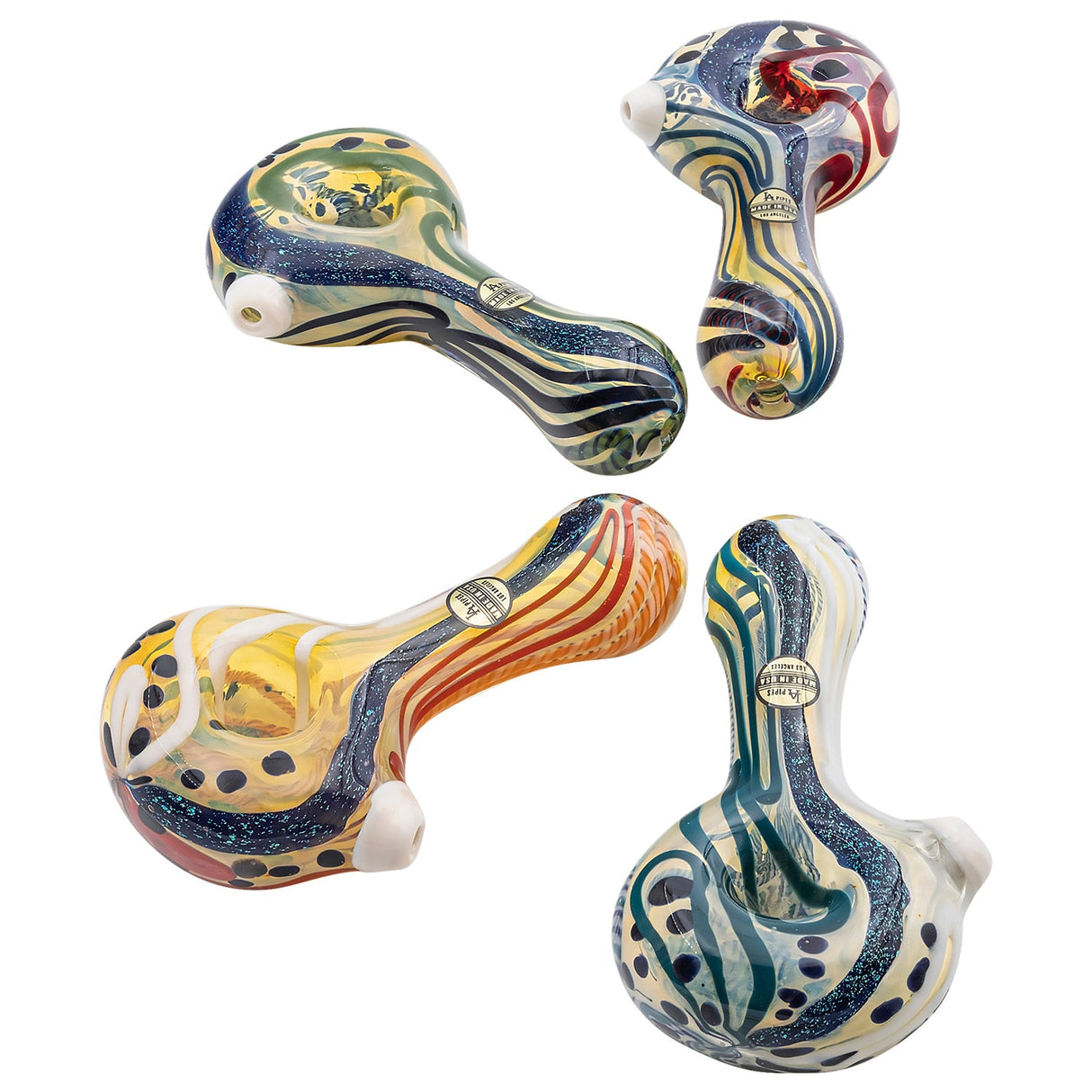 LA Pipes Pancake Dichroic Spoon Pipes in various color-changing designs, borosilicate glass