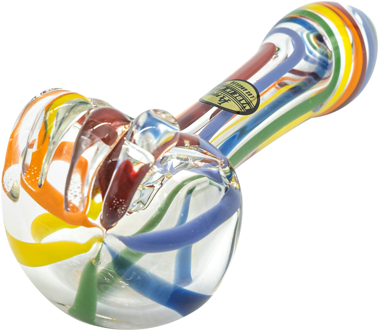 LA Pipes Rainbow Ripper Spoon Pipe, 4.35" Borosilicate Glass, Angled Side View, USA Made