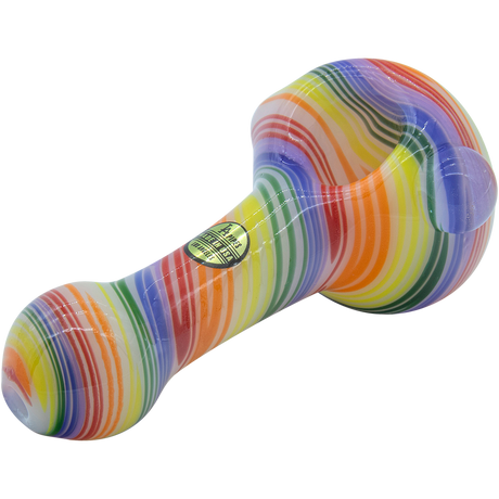 LA Pipes hand-blown glass pipe with vibrant rainbow spirals, 4.5" spoon design, for dry herbs