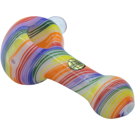 LA Pipes handcrafted 4.5" rainbow spirals glass pipe for dry herbs, made in USA, on white background