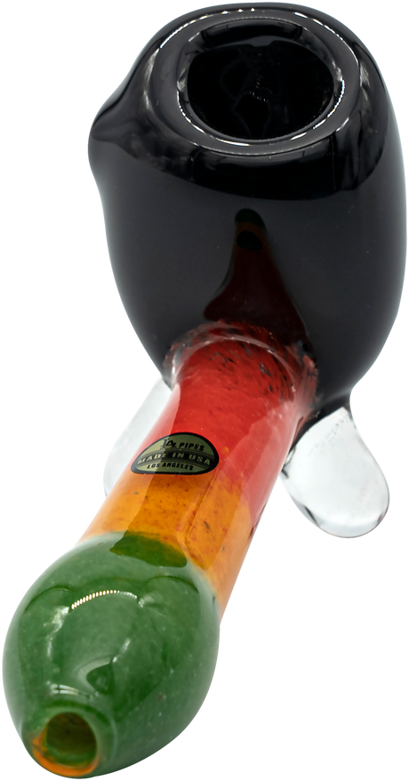 LA Pipes "Sattdown Rasta" Sherlock Glass Pipe with Rasta colors, 4.5" long, side view