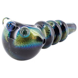 LA Pipes Solid Blue Dichro Maria Ringed Spoon Pipe, 4" Borosilicate Glass, Side View