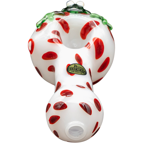 LA Pipes "Spotted Poison Frog" Spoon Glass Pipe, compact 4" length, top view on white background