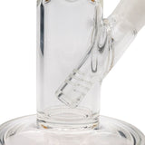 Close-up of LA Pipes Straight Shooter Bong joint and base in clear borosilicate glass