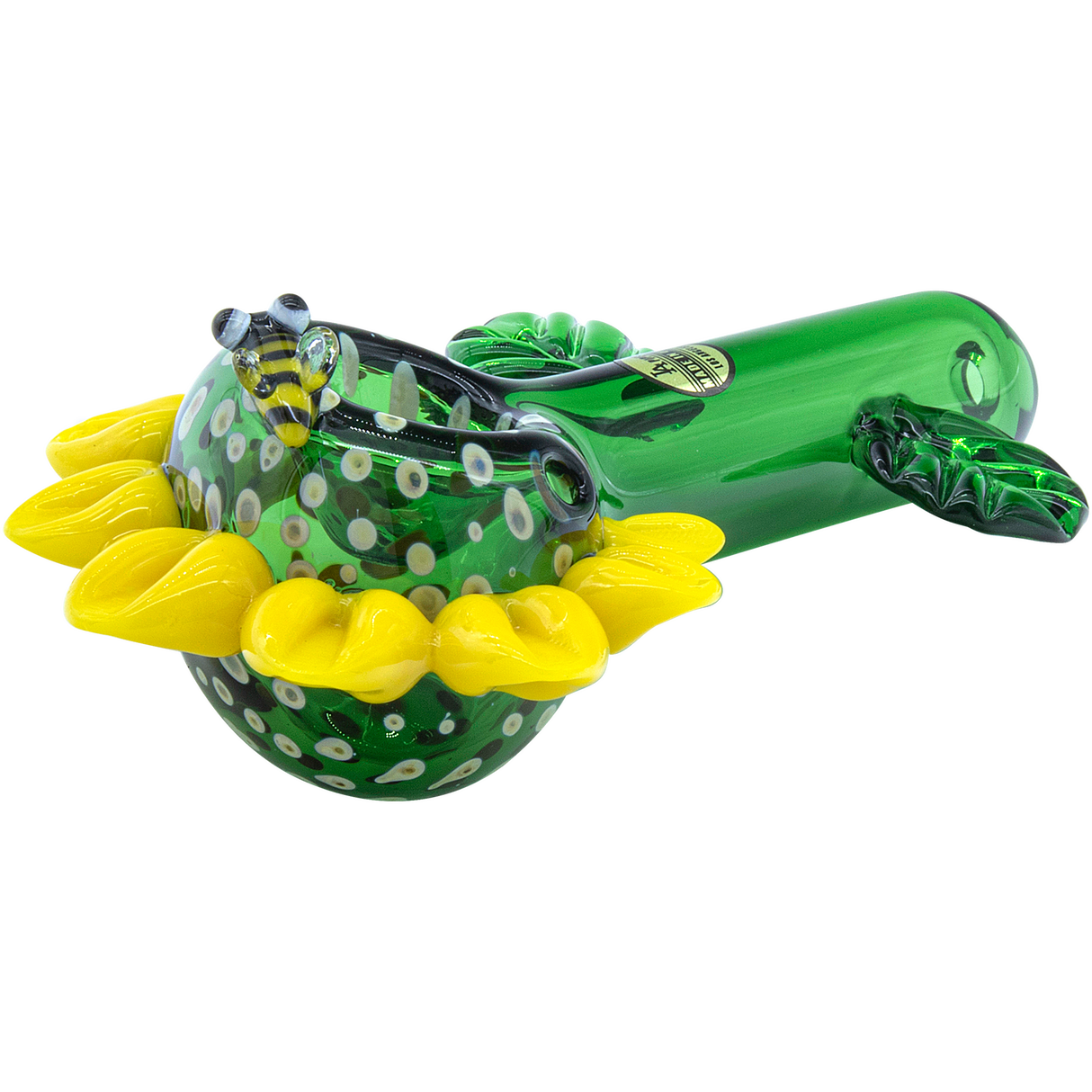 LA Pipes "Sunny Sunflowers" Glass Pipe, 4.65" Spoon Design, Side View on White