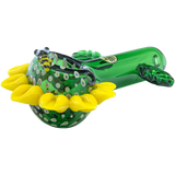 LA Pipes "Sunny Sunflowers" Glass Pipe, 4.65" Spoon Design, Side View on White