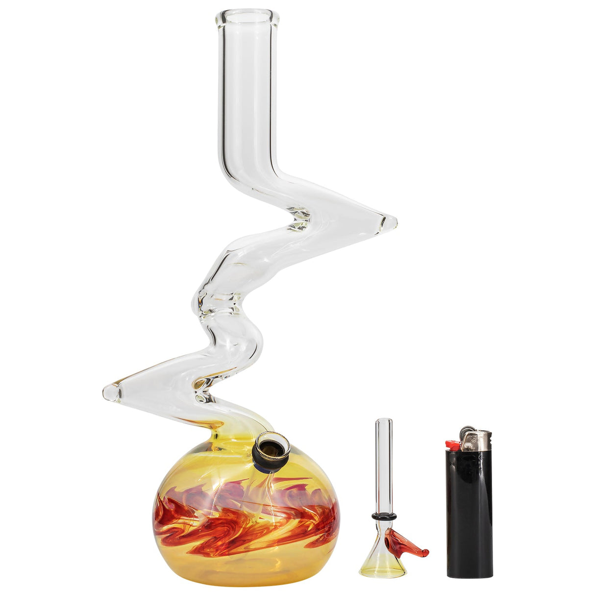 LA Pipes "Switchback" Bubble Base Bong front view with colorful base, clear glass, and accessories