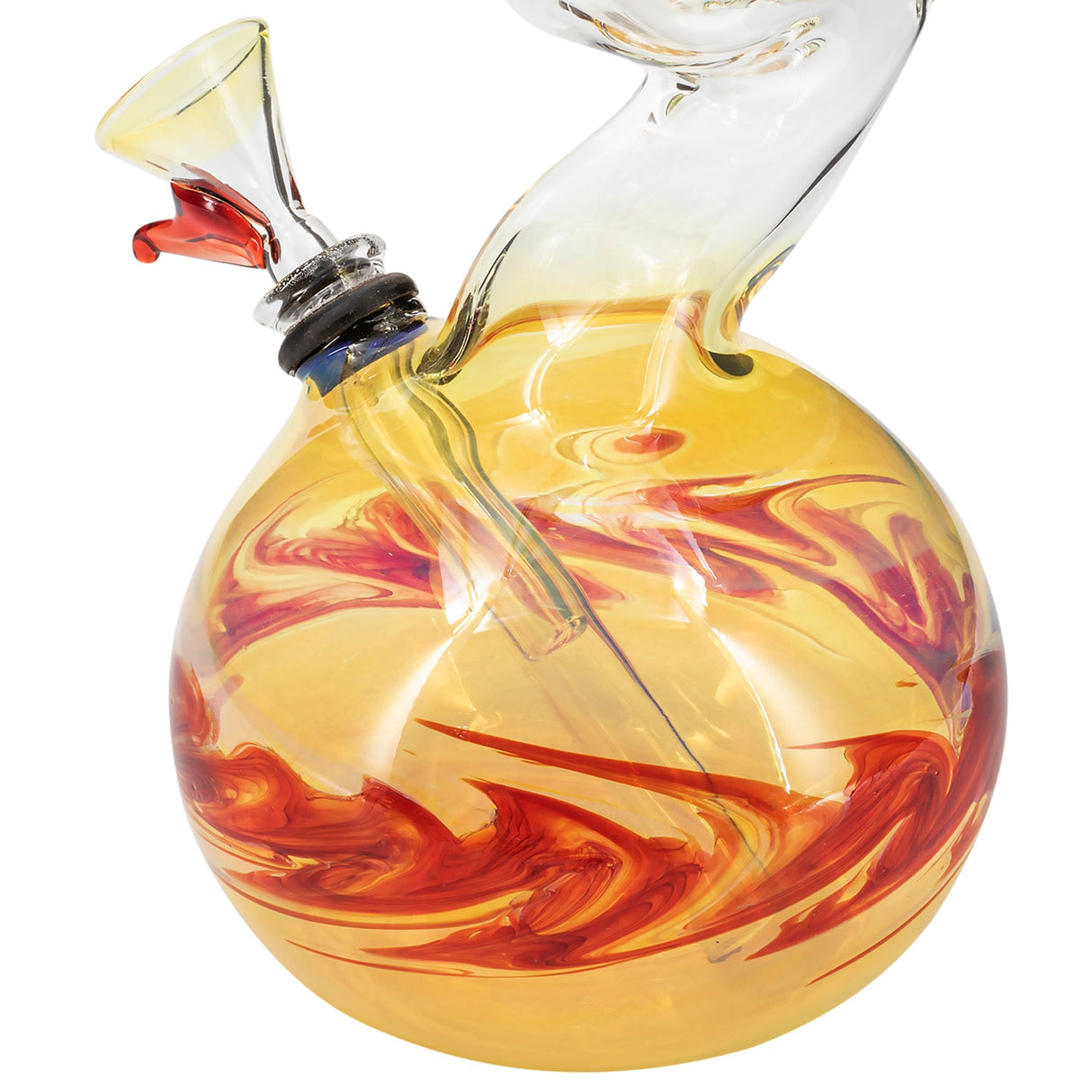LA Pipes "Switchback" Bubble Base Bong with fiery swirl design, side view, 12" height, USA made