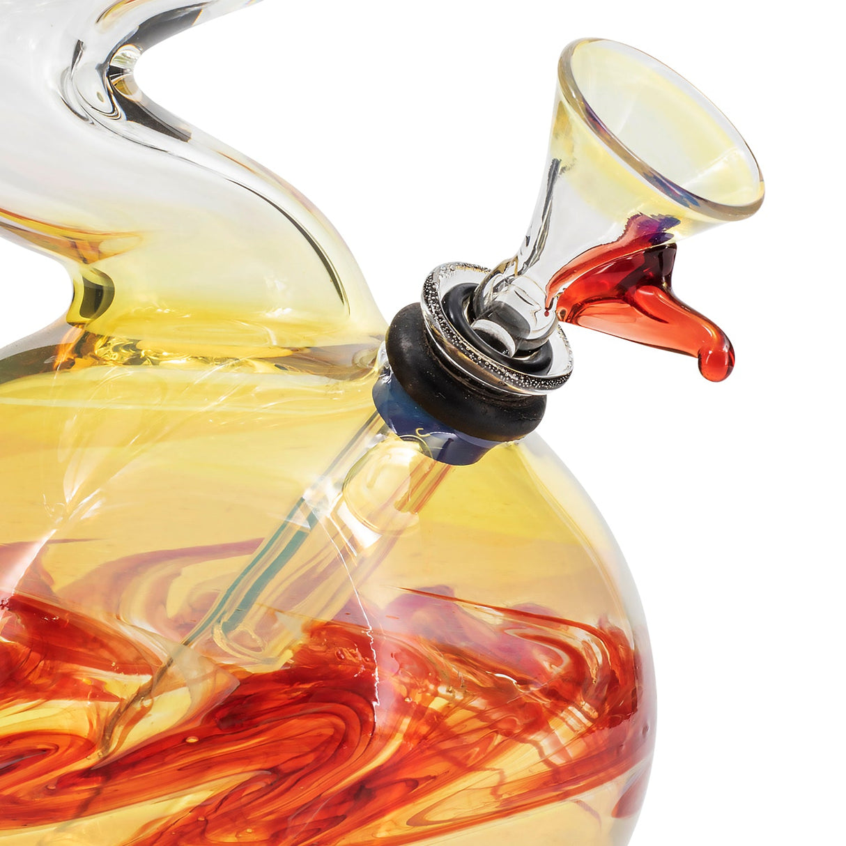 Close-up of LA Pipes "Switchback" Bong with amber swirl design, bubble base, and clear bowl