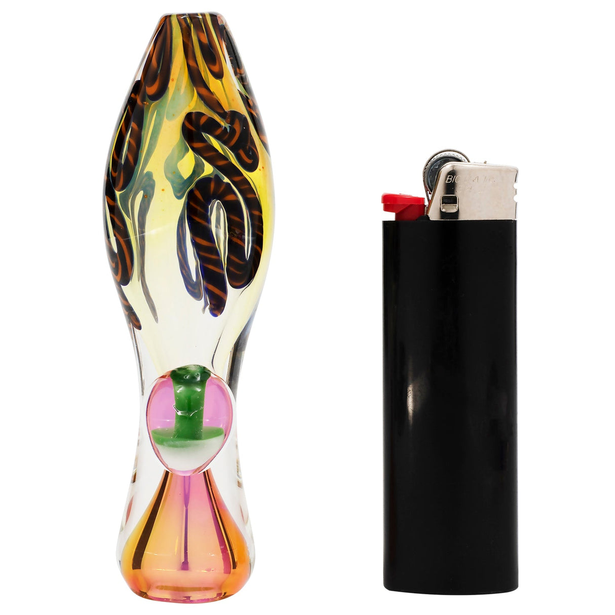 LA Pipes "Fun-Guy" Glass Chillum front view with fumed color changing design, next to a lighter for scale