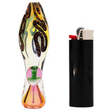 LA Pipes "Fun-Guy" Glass Chillum front view with fumed color changing design, next to a lighter for scale
