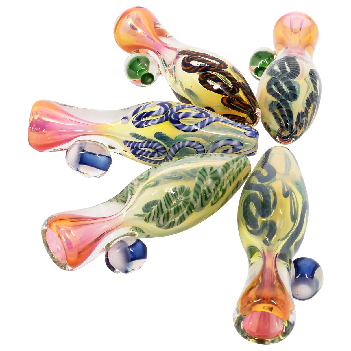 LA Pipes "Fun-Guy" Glass Chillums with fumed color changing design, top view