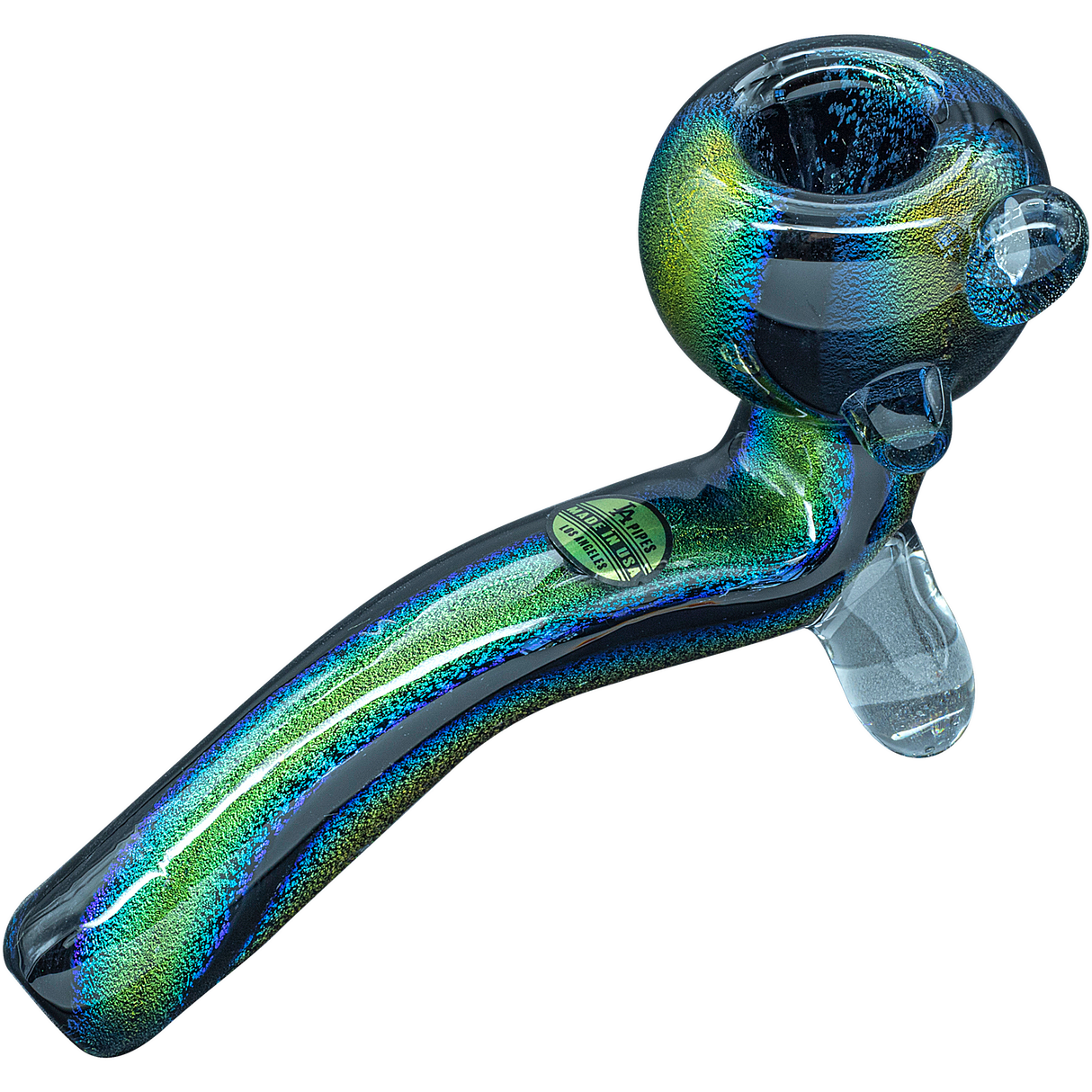 LA Pipes "The Galaxy" Dichroic Sherlock Pipe with vibrant color swirls, side view on white