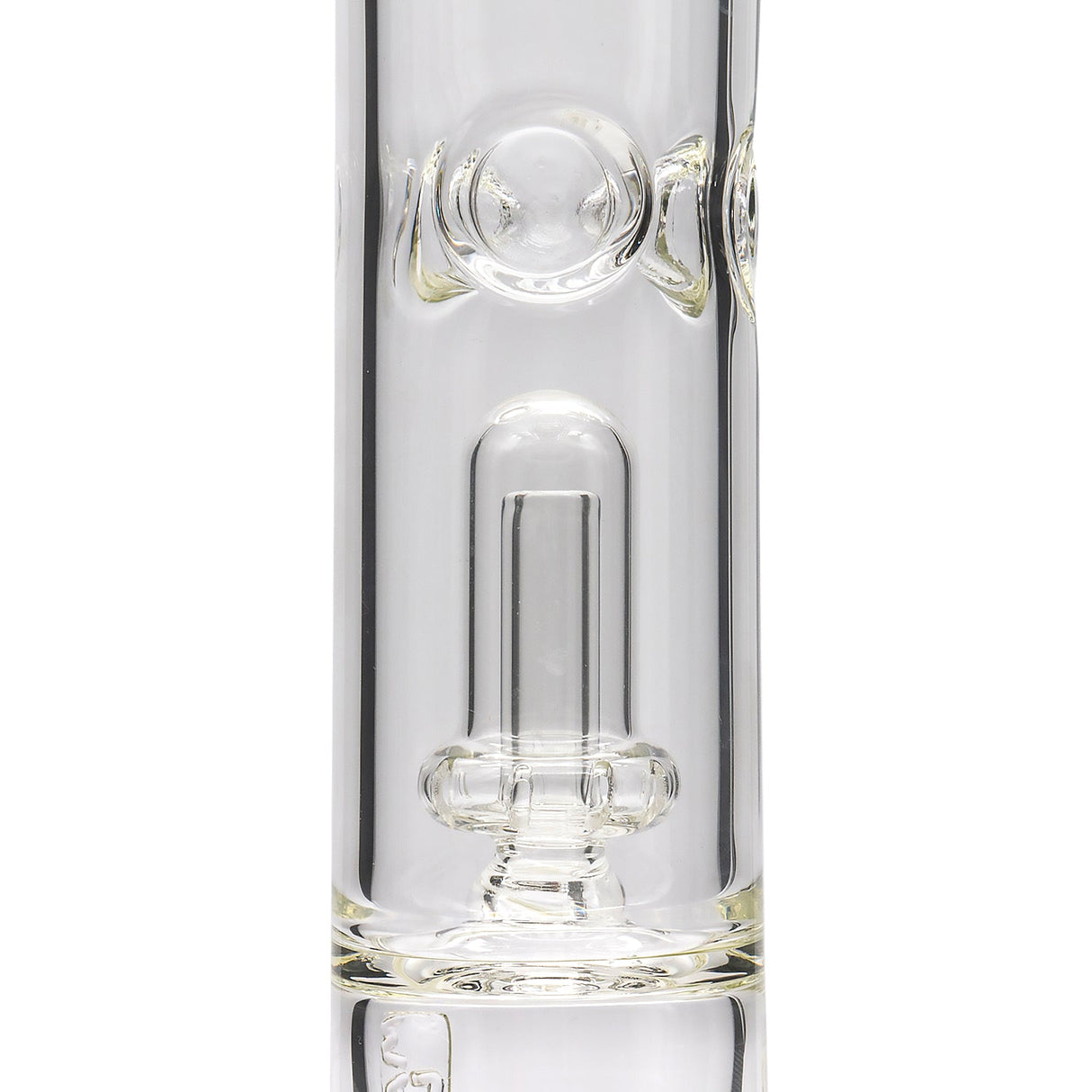 Close-up of LA Pipes Thick Glass Beaker Bong with Showerhead Perc, clear borosilicate glass