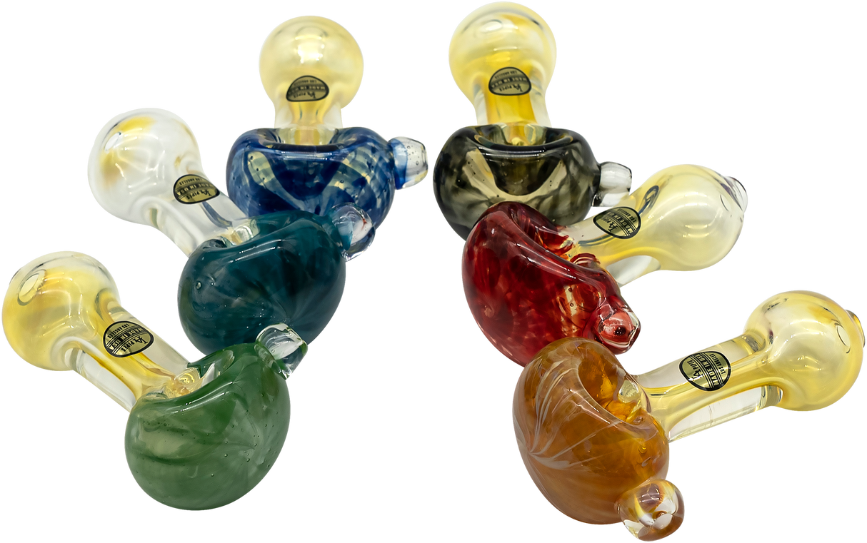 Assortment of LA Pipes "Thick Neck" Spoon Pipes in various fumed colors, top view