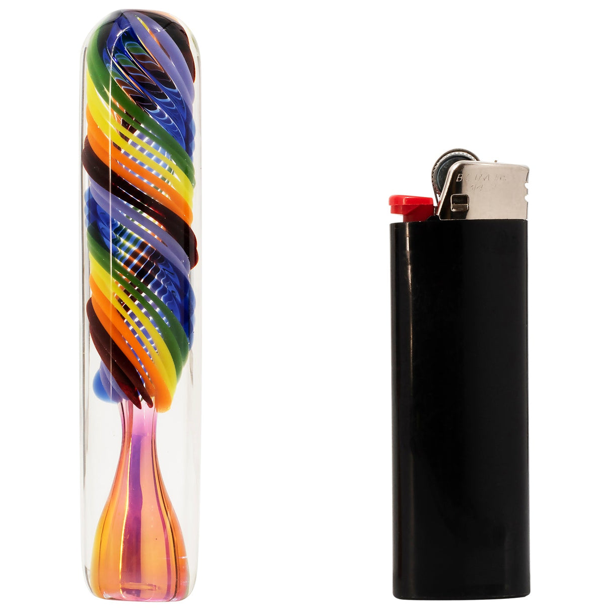 LA Pipes "Twisted Rainbow" Fumed Glass Chillum side view next to lighter for scale