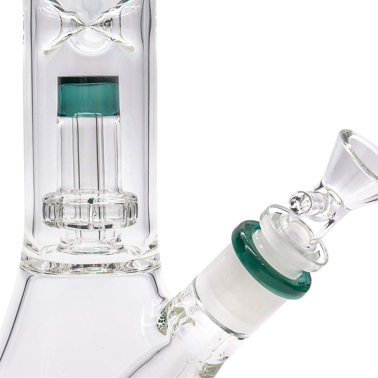Close-up of LA Pipes "Vector" Beaker Bong with Shower-Head Perc and Clear Borosilicate Glass
