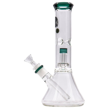LA Pipes "Vector" clear borosilicate glass beaker bong with shower-head perc, side view on white background