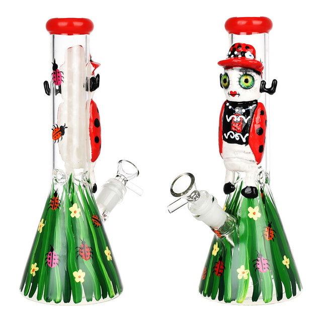Lady Bug 3D Painted Beaker Water Pipe, 10", 14mm Female Joint, Borosilicate Glass, Front and Side View